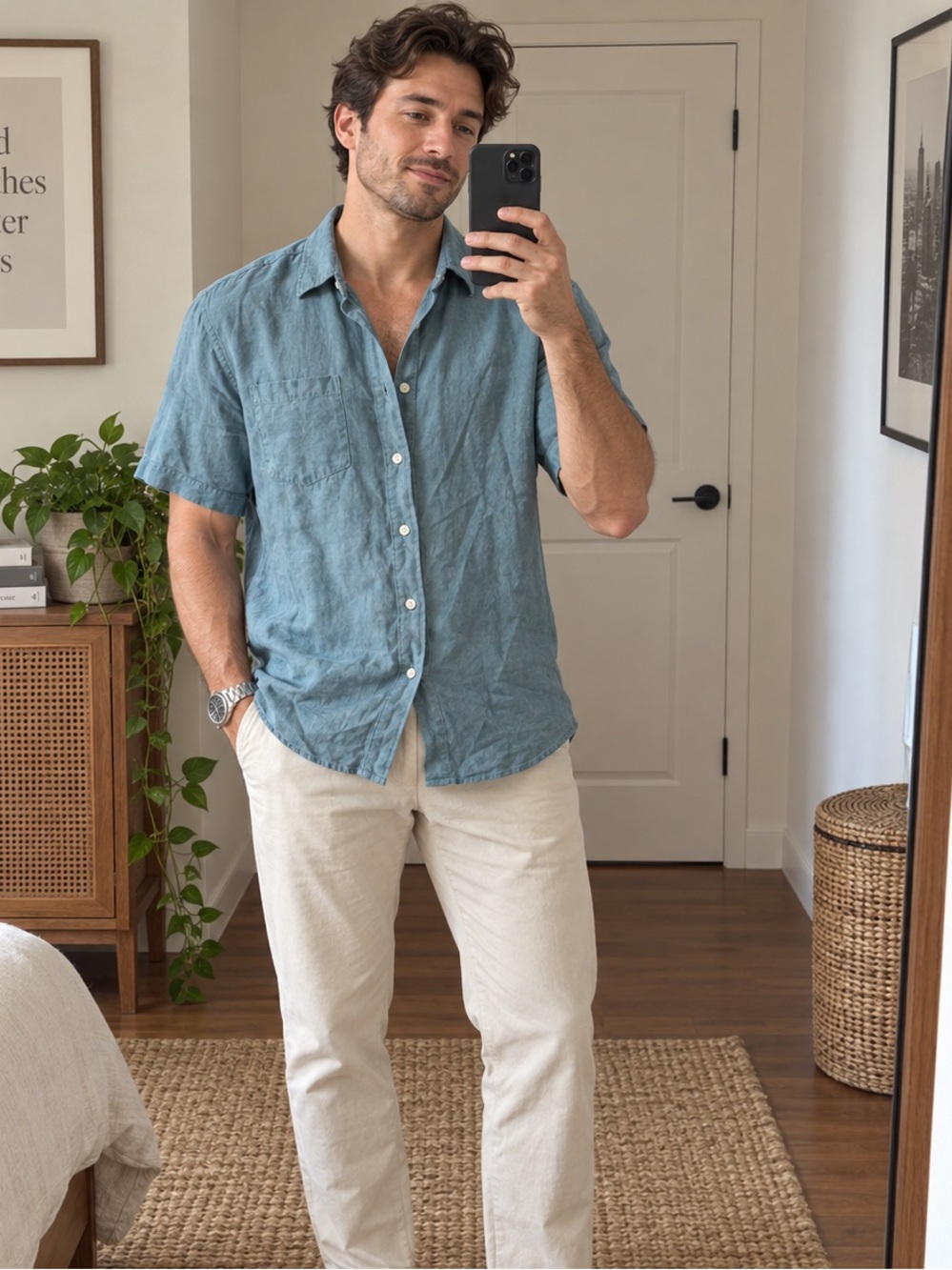 Todd Snyder Men’s Baird McNutt Irish Linen Short Sleeve Shirt Green/Blue Size Sm